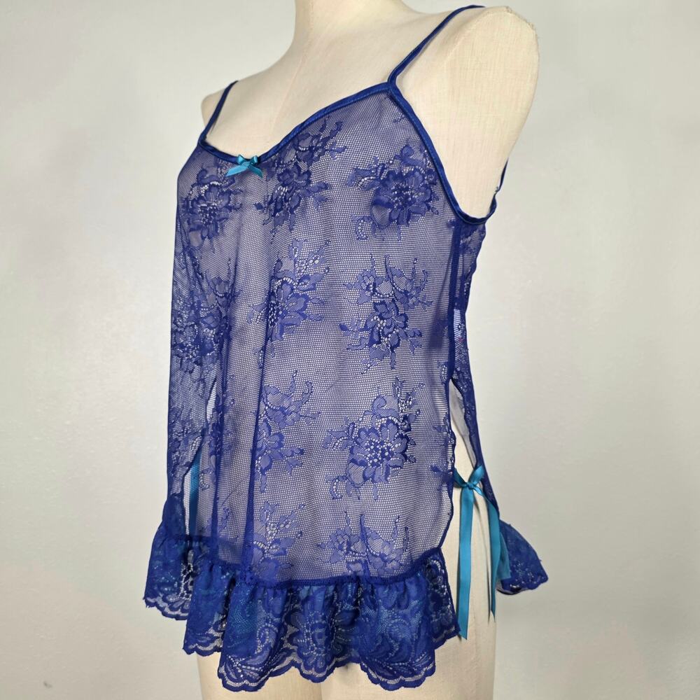 Shirley of Hollywood Sheer Lace Babydoll Chemise Side Tie Lingerie Y2K Medium